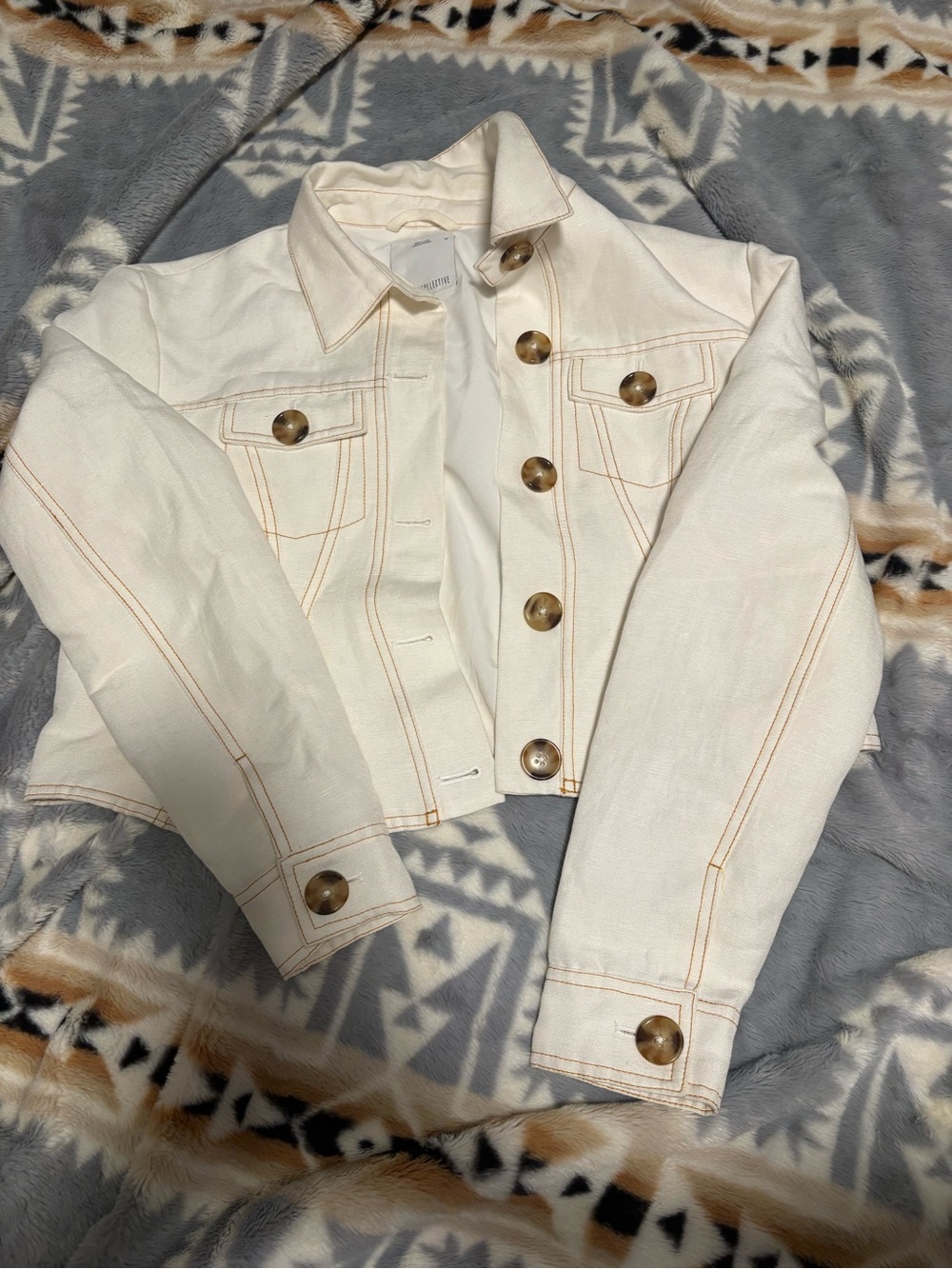 C/MEO Collective Cream Cropped Denim Jacket with Contrast Stitching